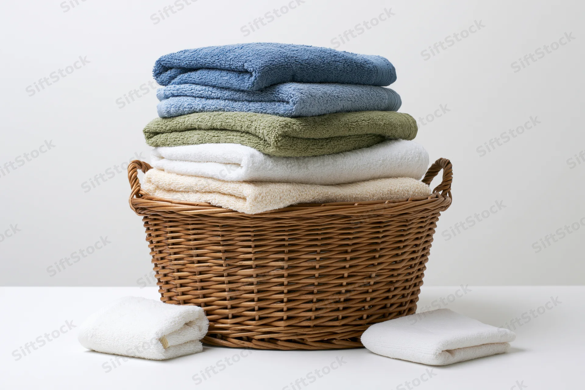 Woven wicker basket filled with neatly folded terry towels arranged in layers on a white surface