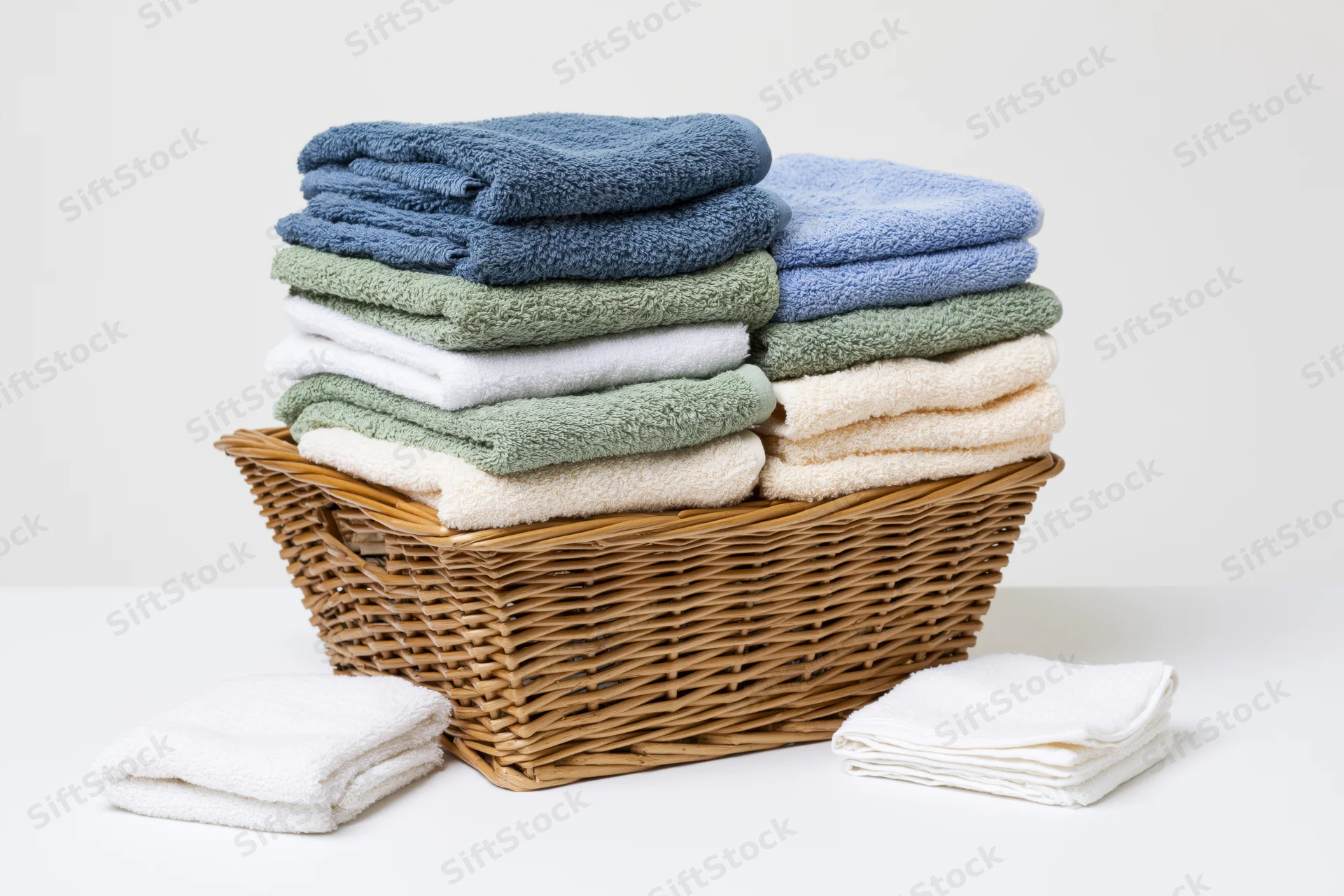 Neatly folded terry towels in a woven wicker basket on a white surface