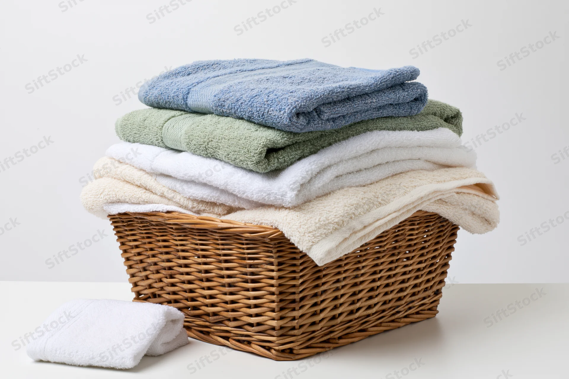 Woven wicker laundry basket filled with neatly folded terry towels in soft colors, white background