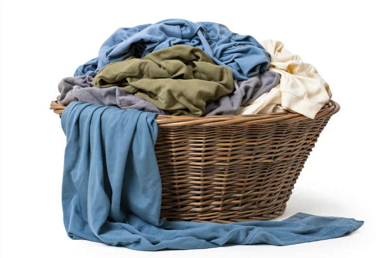 Wicker laundry basket overflowing with crumpled clothes on white background
