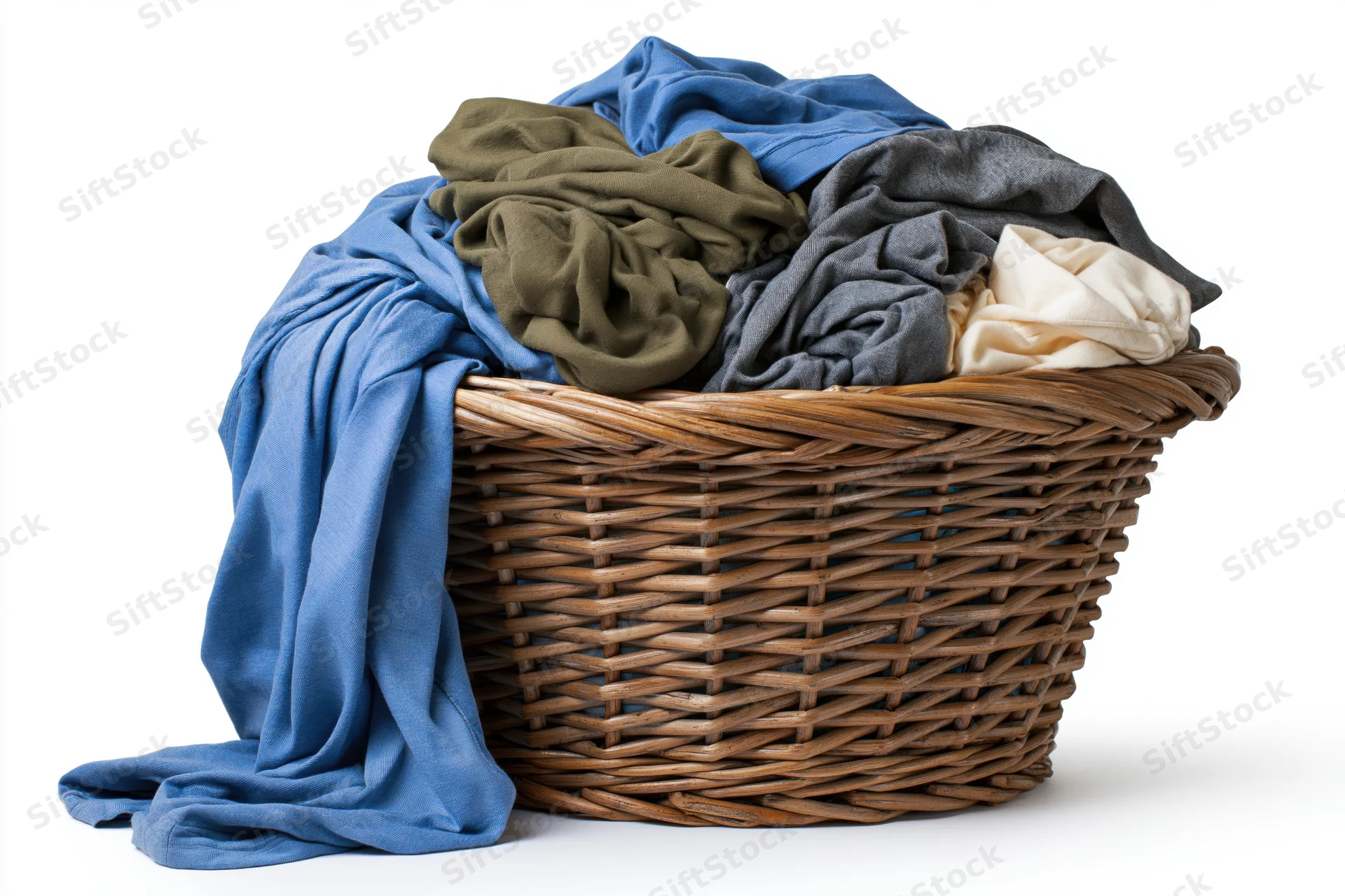 Wicker laundry basket overflowing with crumpled clothes on white background
