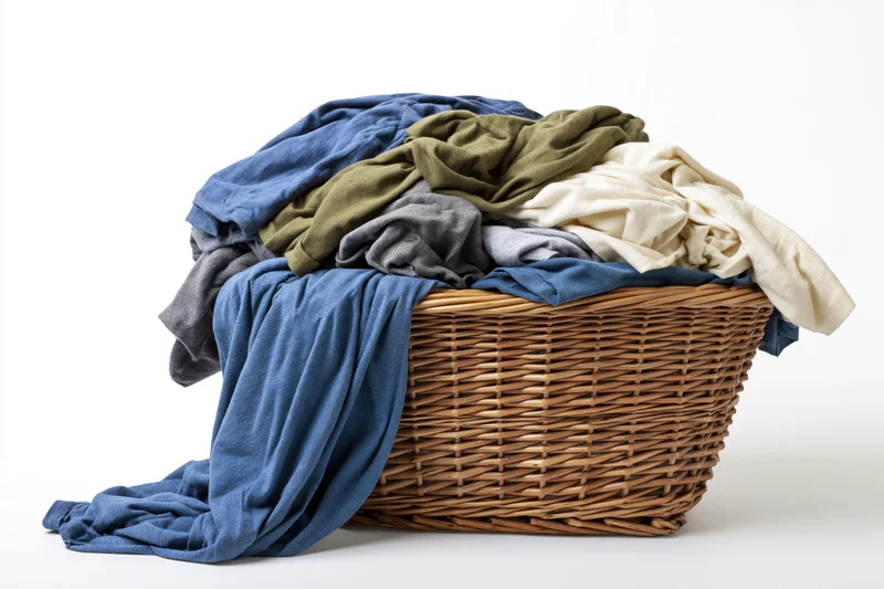 Wicker laundry basket overflowing with crumpled clothes on white background