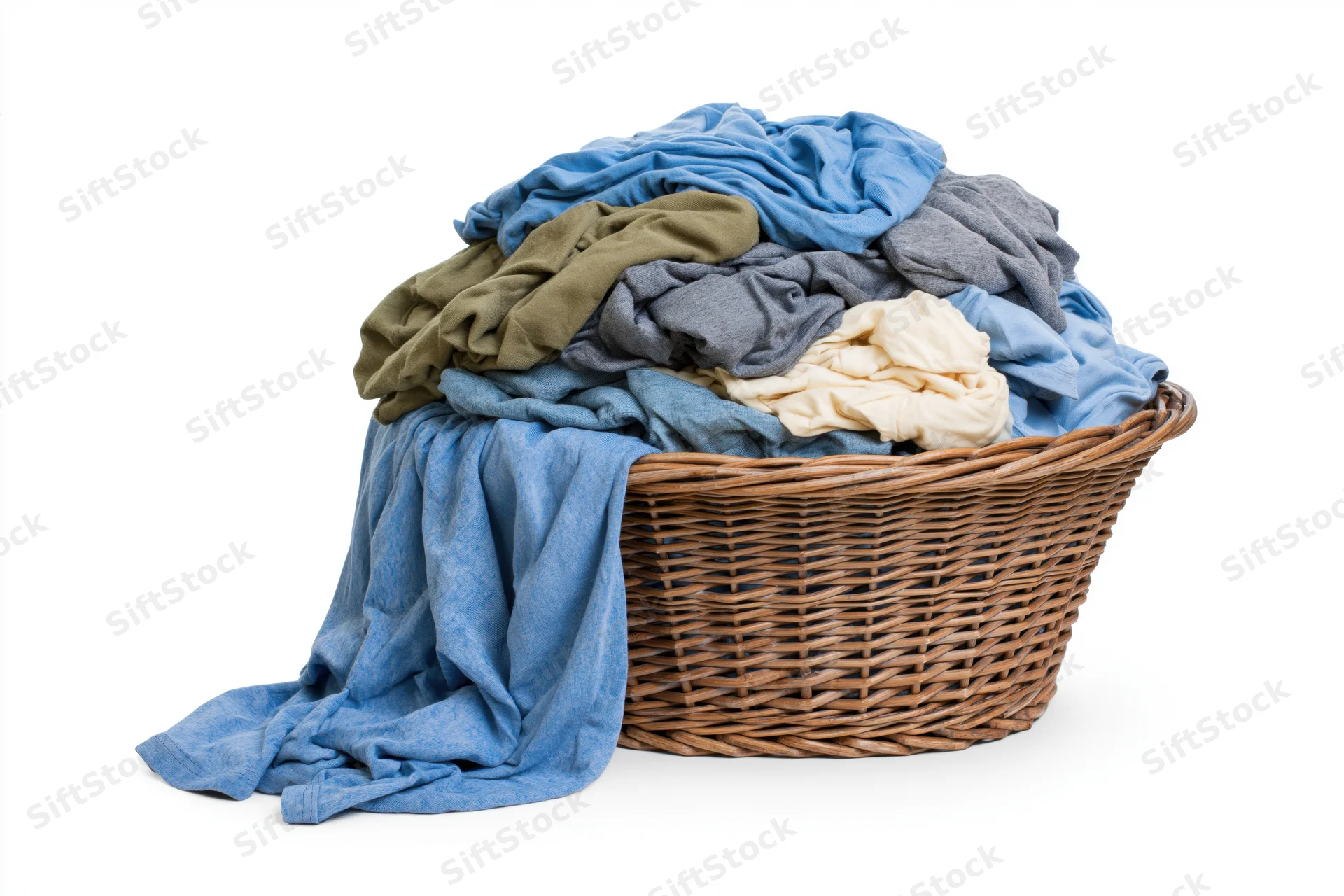 Wicker laundry basket overflowing with crumpled clothes on white background