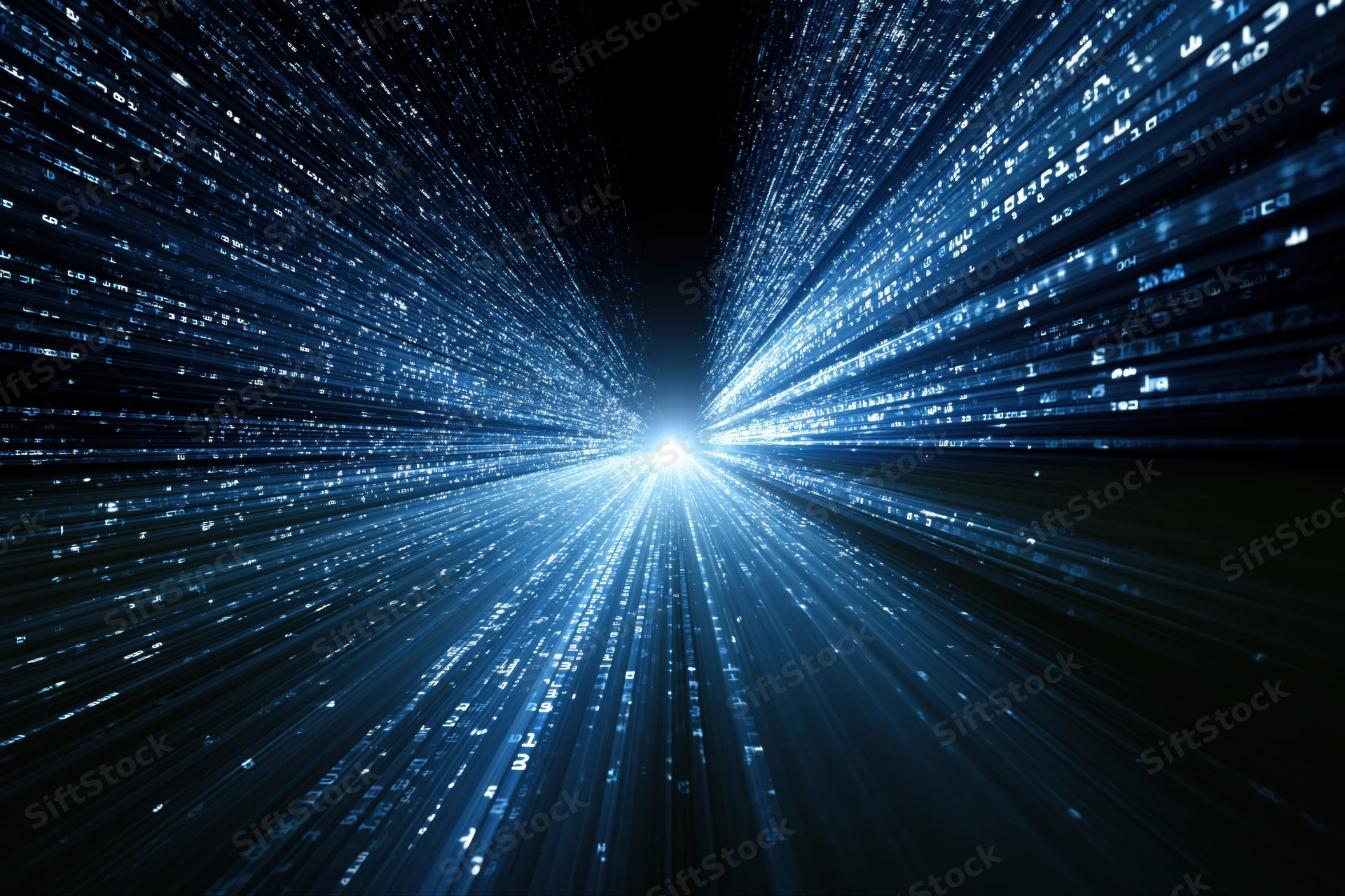 Digital data stream flowing through a glowing blue tunnel in cyberspace