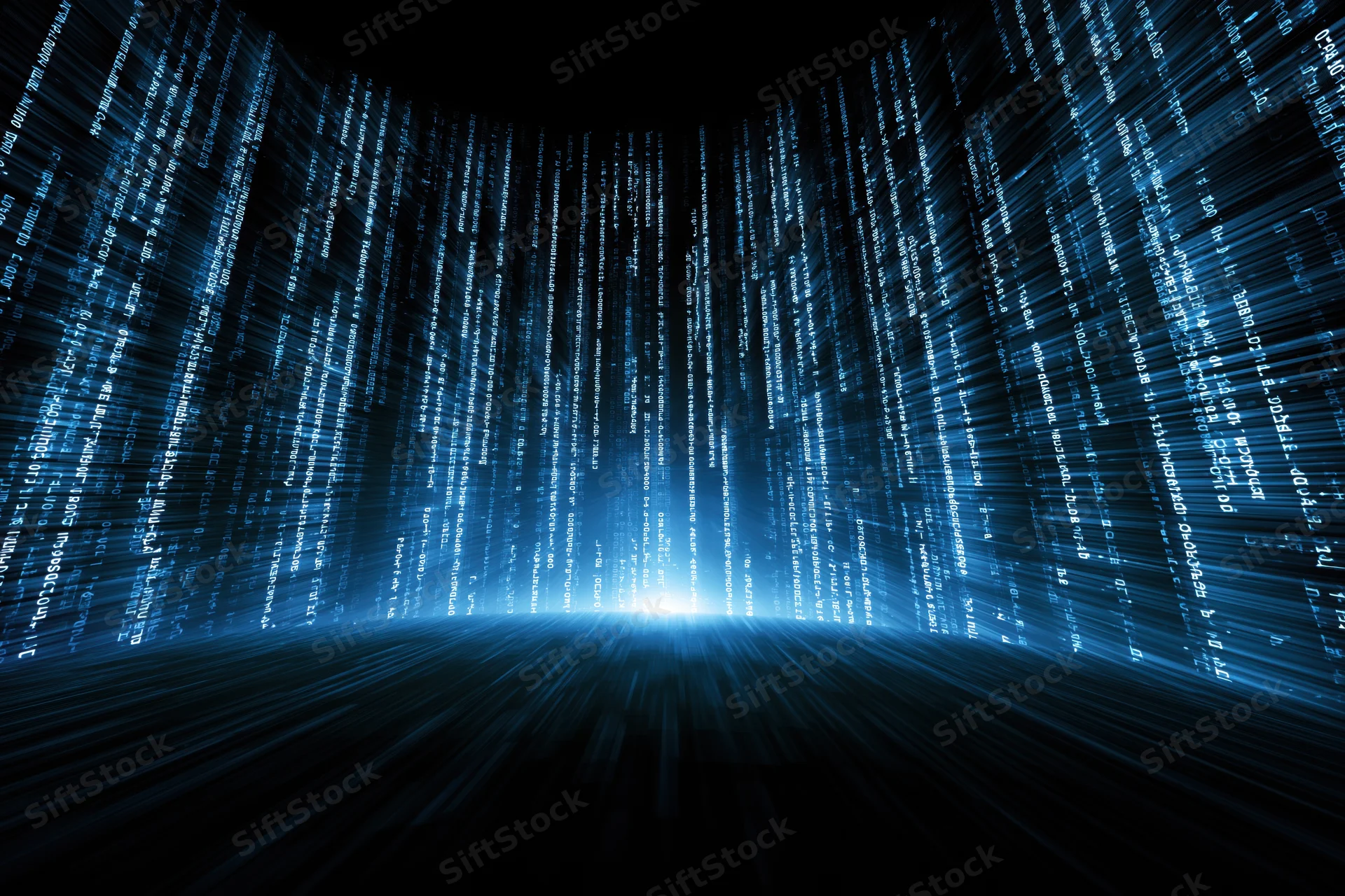 Glowing digital data streams flowing in a dark tunnel with blue light at the center