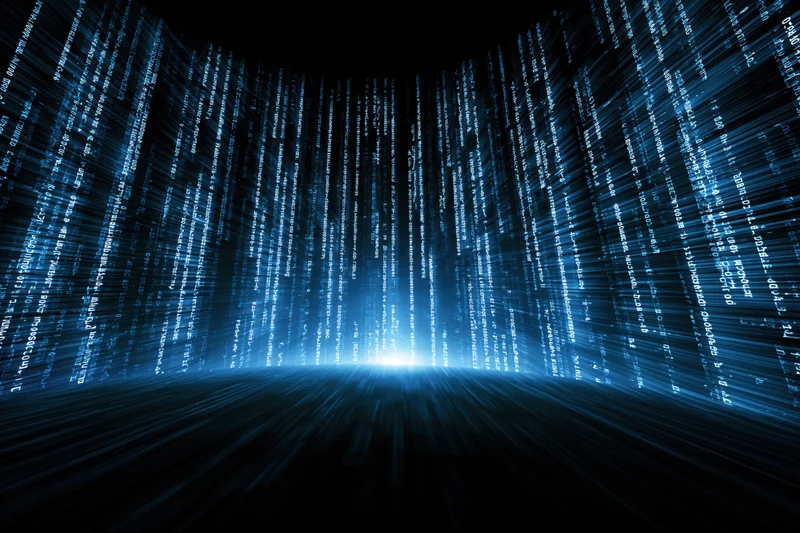 Glowing digital data streams flowing in a dark tunnel with blue light at the center