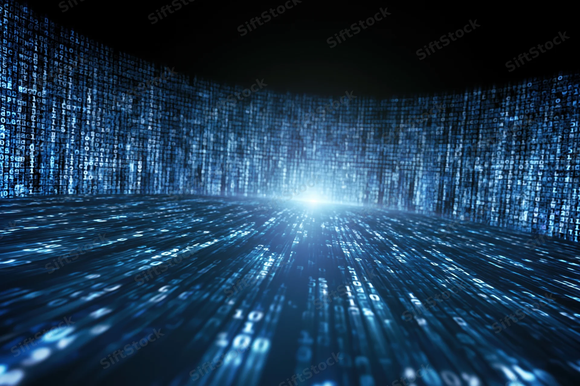 Glowing digital data stream flowing in a curved tunnel with blue light at the center