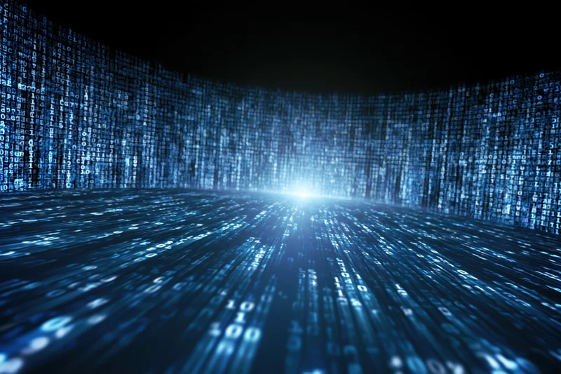 Glowing digital data stream flowing in a curved tunnel with blue light at the center