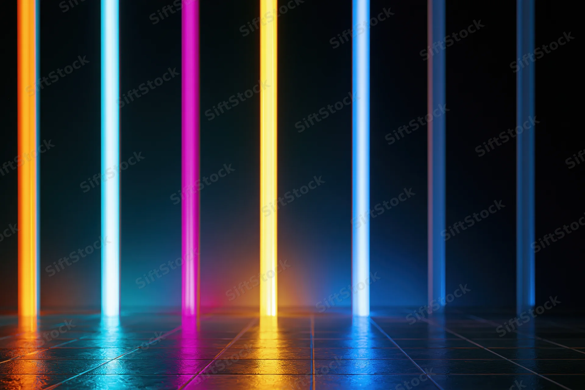 Glowing vertical neon bars in a dark studio space with reflective tiled floor