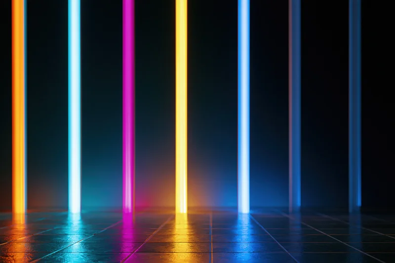 Glowing vertical neon bars in a dark studio space with reflective tiled floor