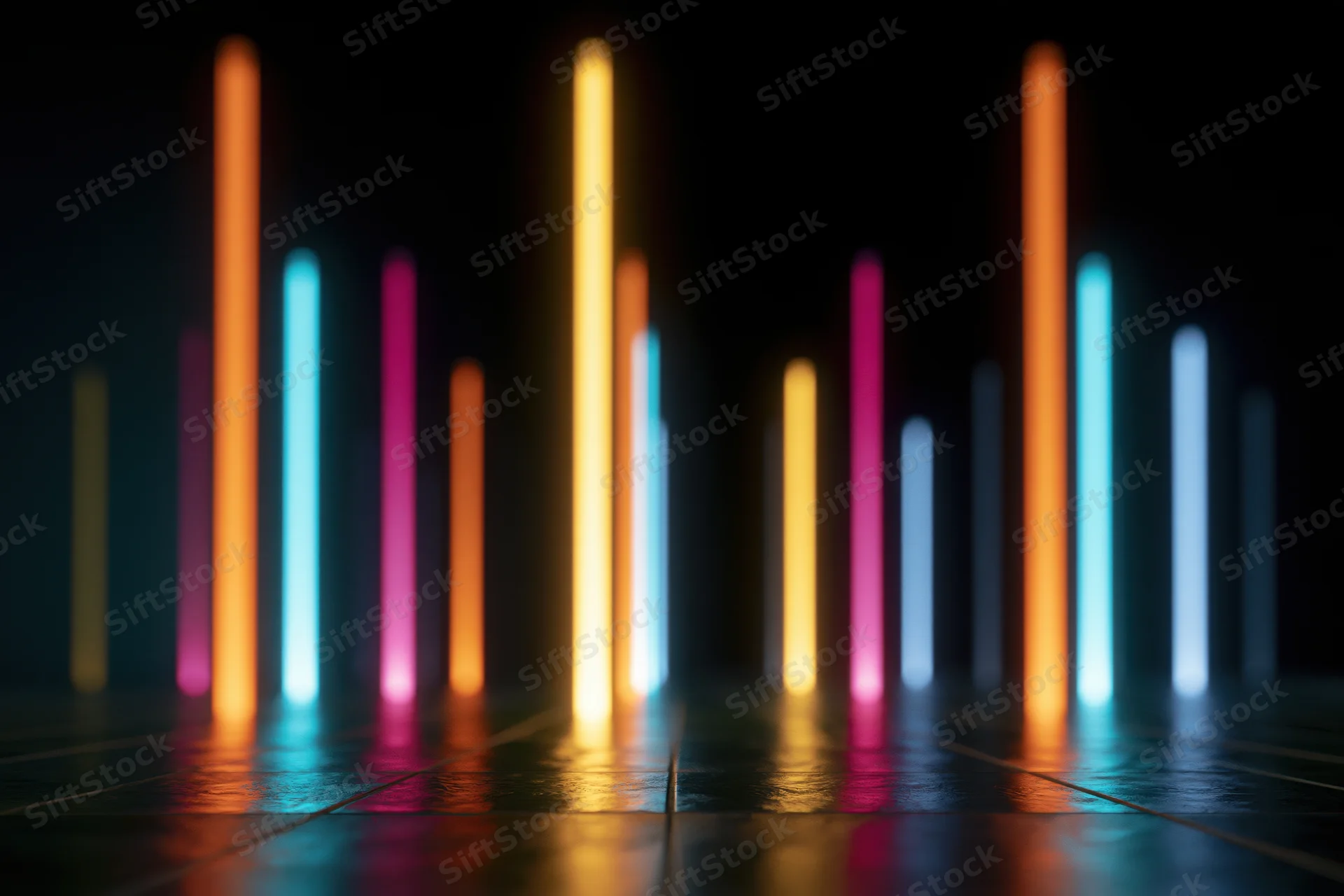 Glowing vertical bars in an abstract light installation on a dark reflective floor