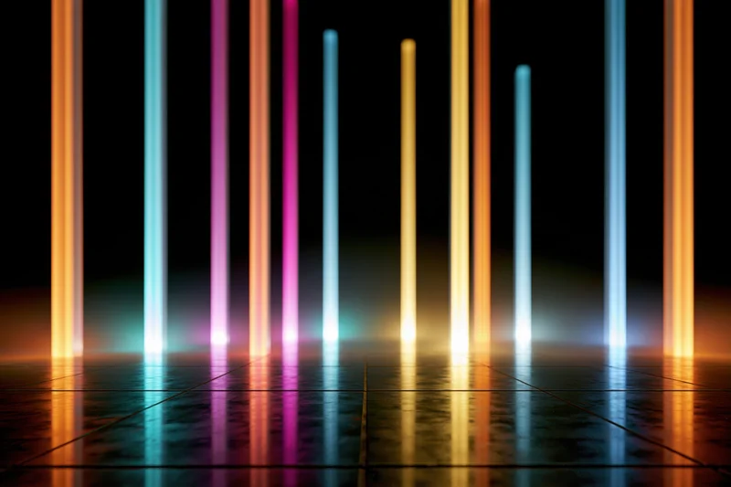 Glowing vertical light bars on a reflective tiled floor in a dark space