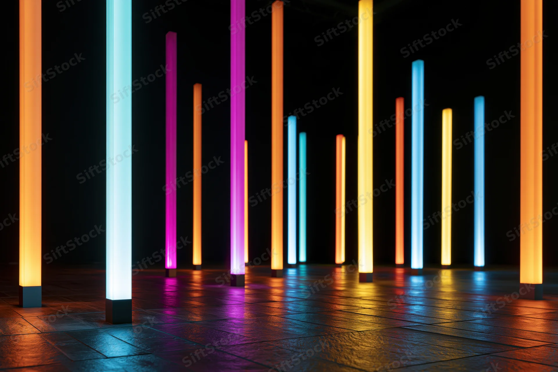 Glowing vertical neon bars arranged in a dark indoor space with reflective tiled floor