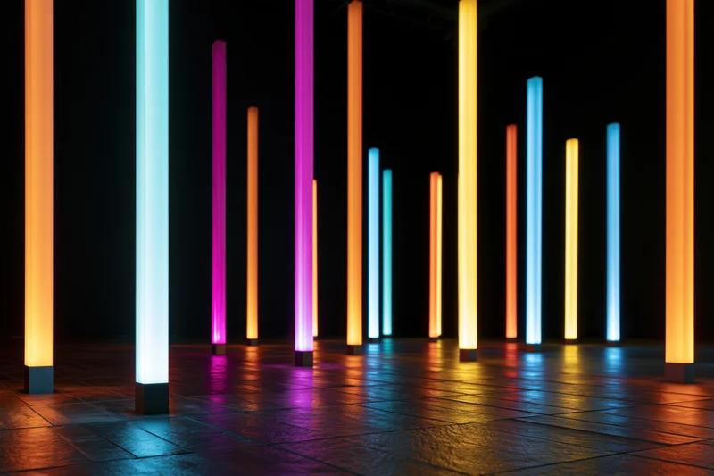 Glowing vertical neon bars arranged in a dark indoor space with reflective tiled floor