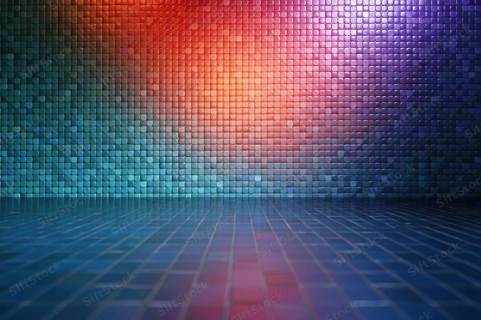 Colorful mosaic tile wall radiating light with reflective floor in studio space