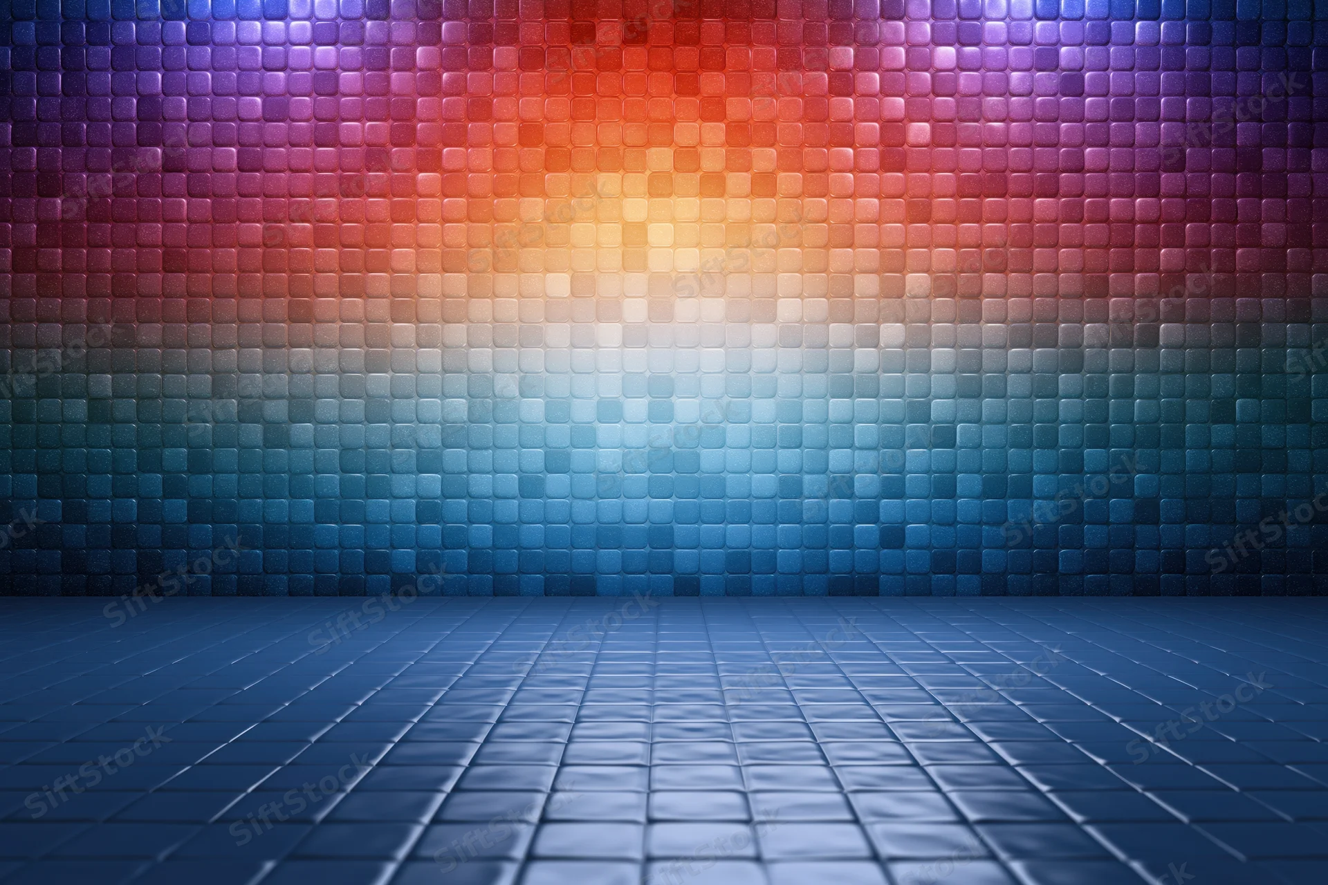 Abstract mosaic tile wall radiating light in a studio space with blue tiled floor