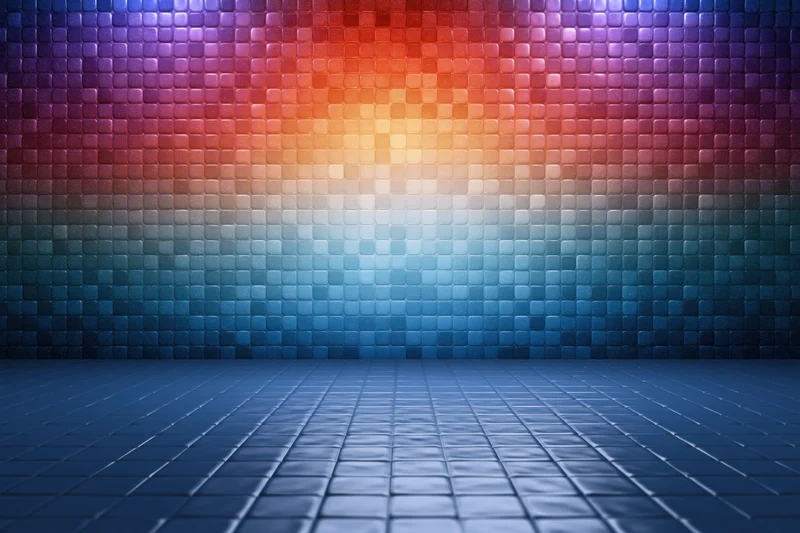 Abstract mosaic tile wall radiating light in a studio space with blue tiled floor