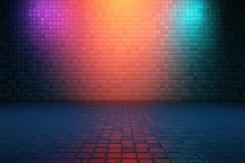 Abstract mosaic tile wall and floor glowing with radiant neon colors in a dark studio space