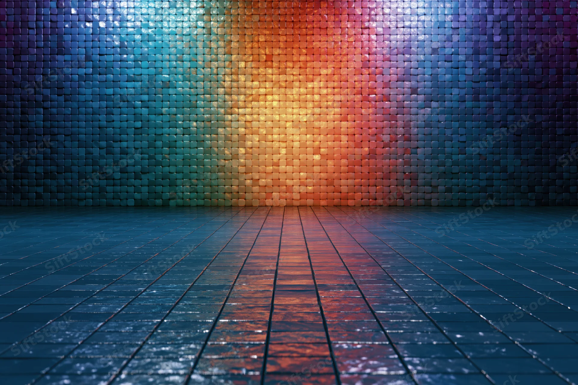 Abstract mosaic tile wall radiating colorful light across a reflective floor