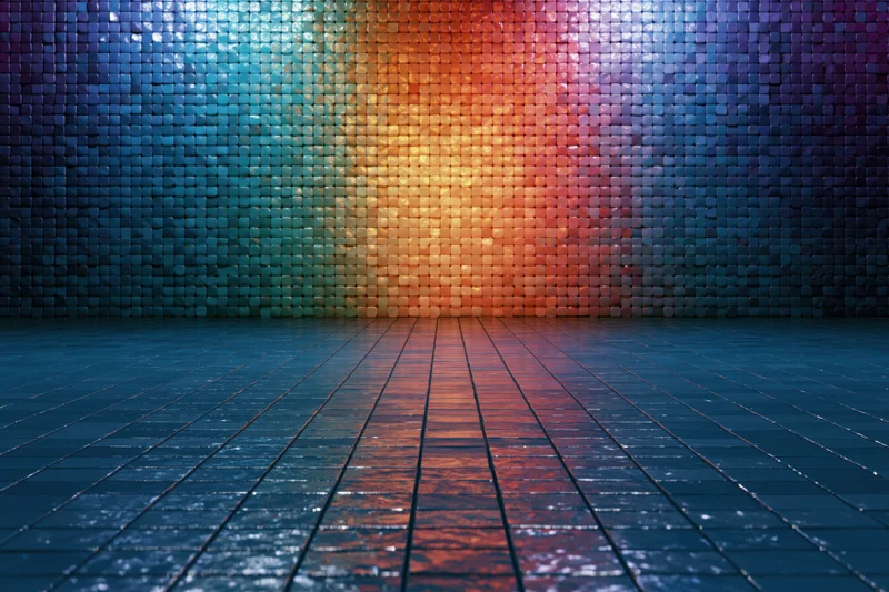 Abstract mosaic tile wall radiating colorful light across a reflective floor
