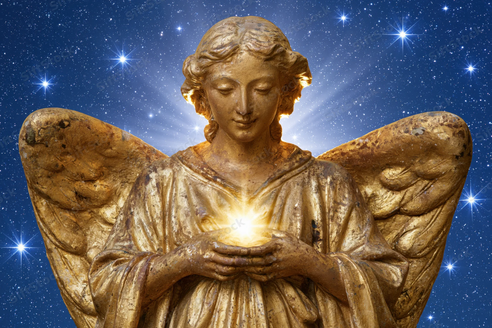 Golden angel statue with folded wings holding glowing light against starry night sky