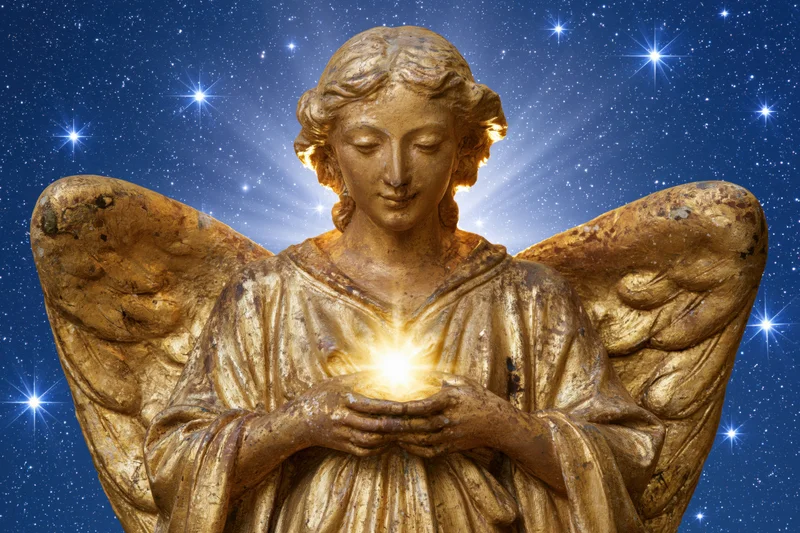 Golden angel statue with folded wings holding glowing light against starry night sky