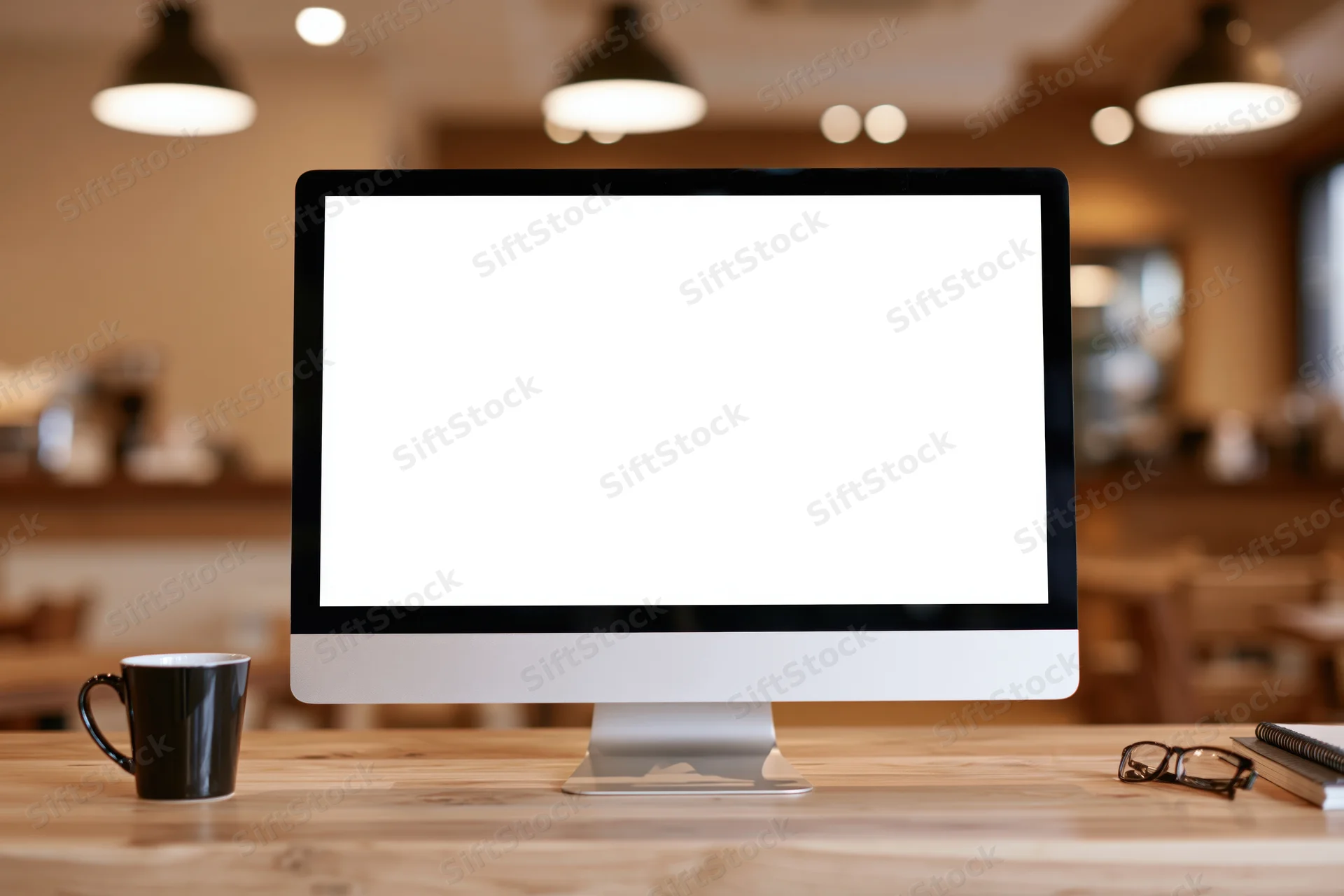 All-in-one desktop computer with blank white screen on wooden desk in cafe interior