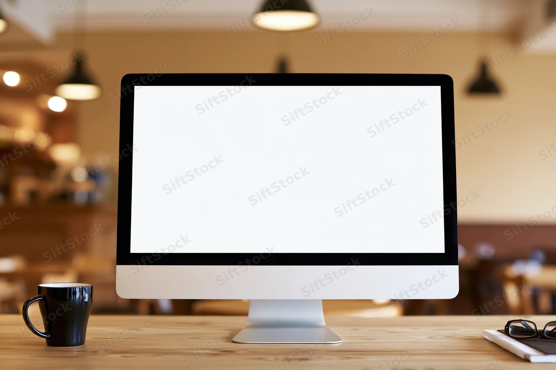 All-in-one computer with blank white screen on wooden desk in cafe interior