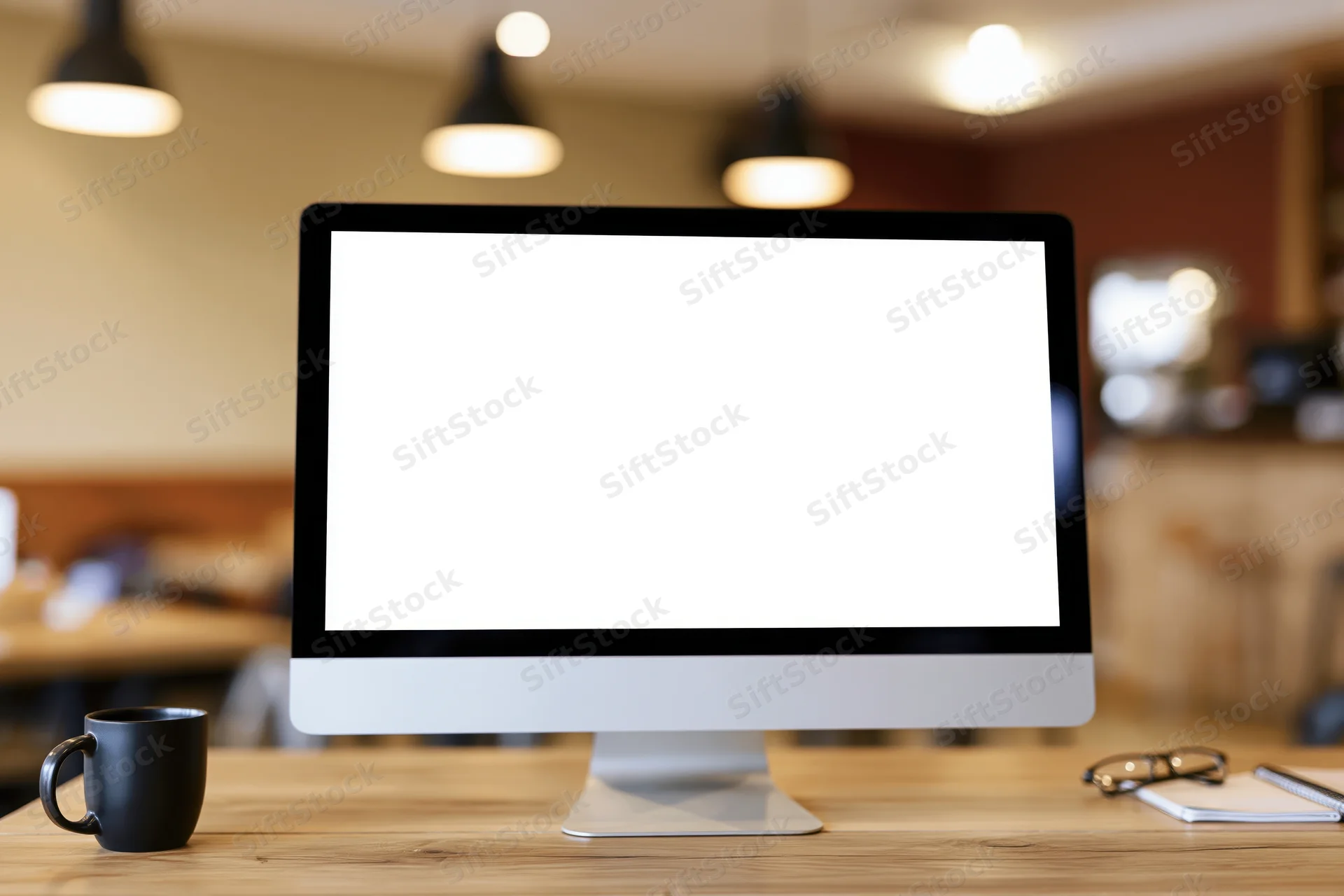 All-in-one desktop computer with blank white screen on wooden desk in modern office space