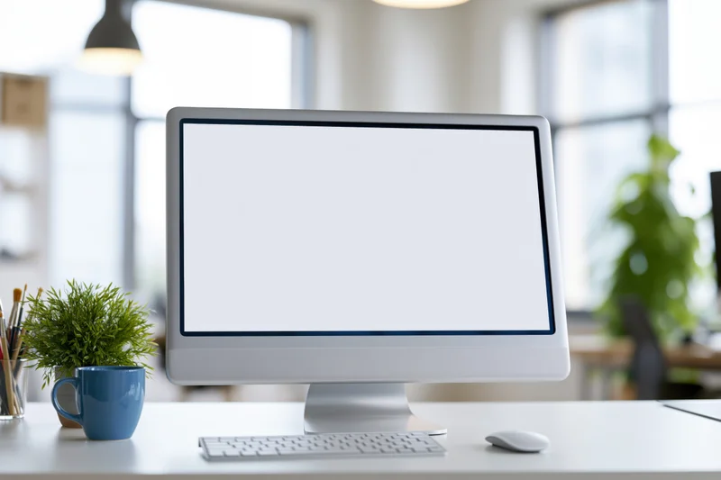 All-in-one desktop computer with blank white screen on a modern office desk