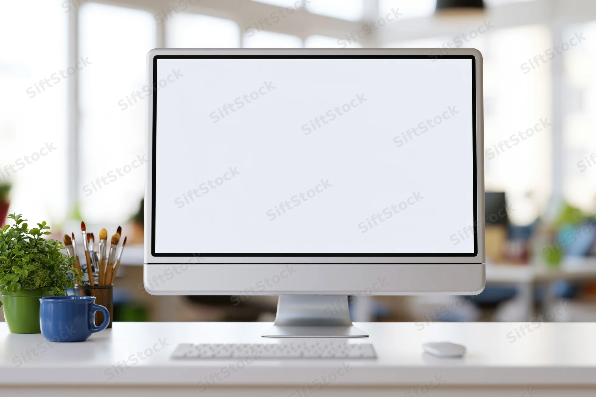 All-in-one desktop computer with blank white screen on a desk in a bright office workspace