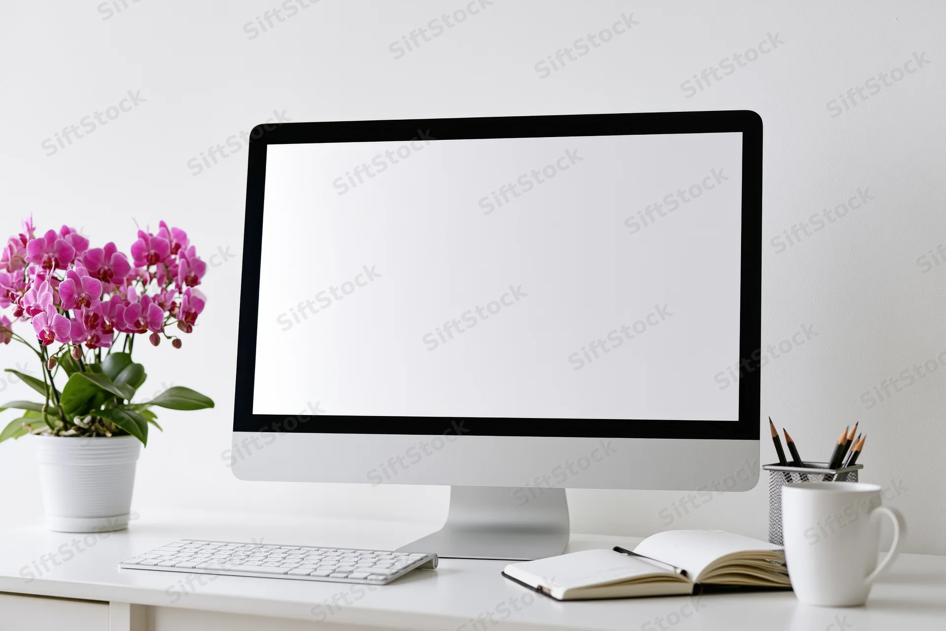 All-in-one desktop computer with blank white screen on a tidy white desk surrounded by flowers, notebook, mug and pencils