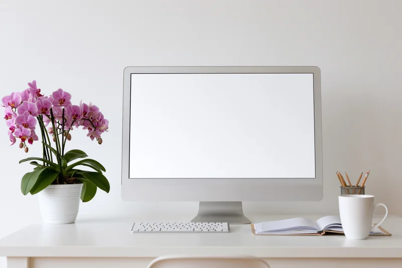 All-in-one computer with blank white screen on a minimalist desk beside a potted orchid and office supplies
