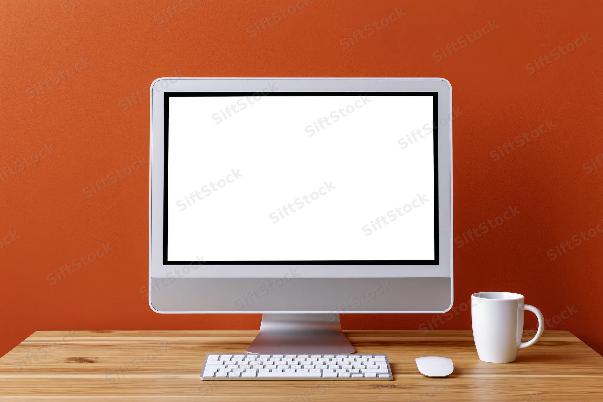 All-in-one desktop computer with blank white screen on wooden desk beside mug and peripherals