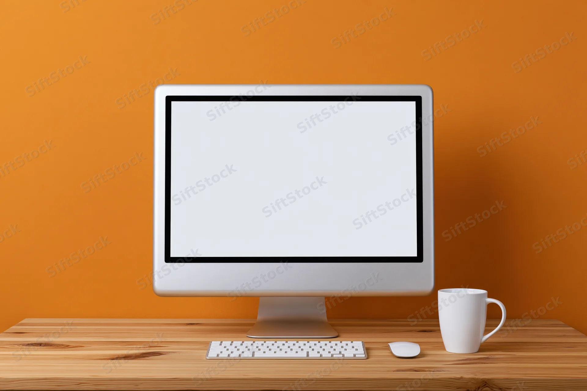 All-in-one desktop computer with blank white screen on wooden desk against orange wall