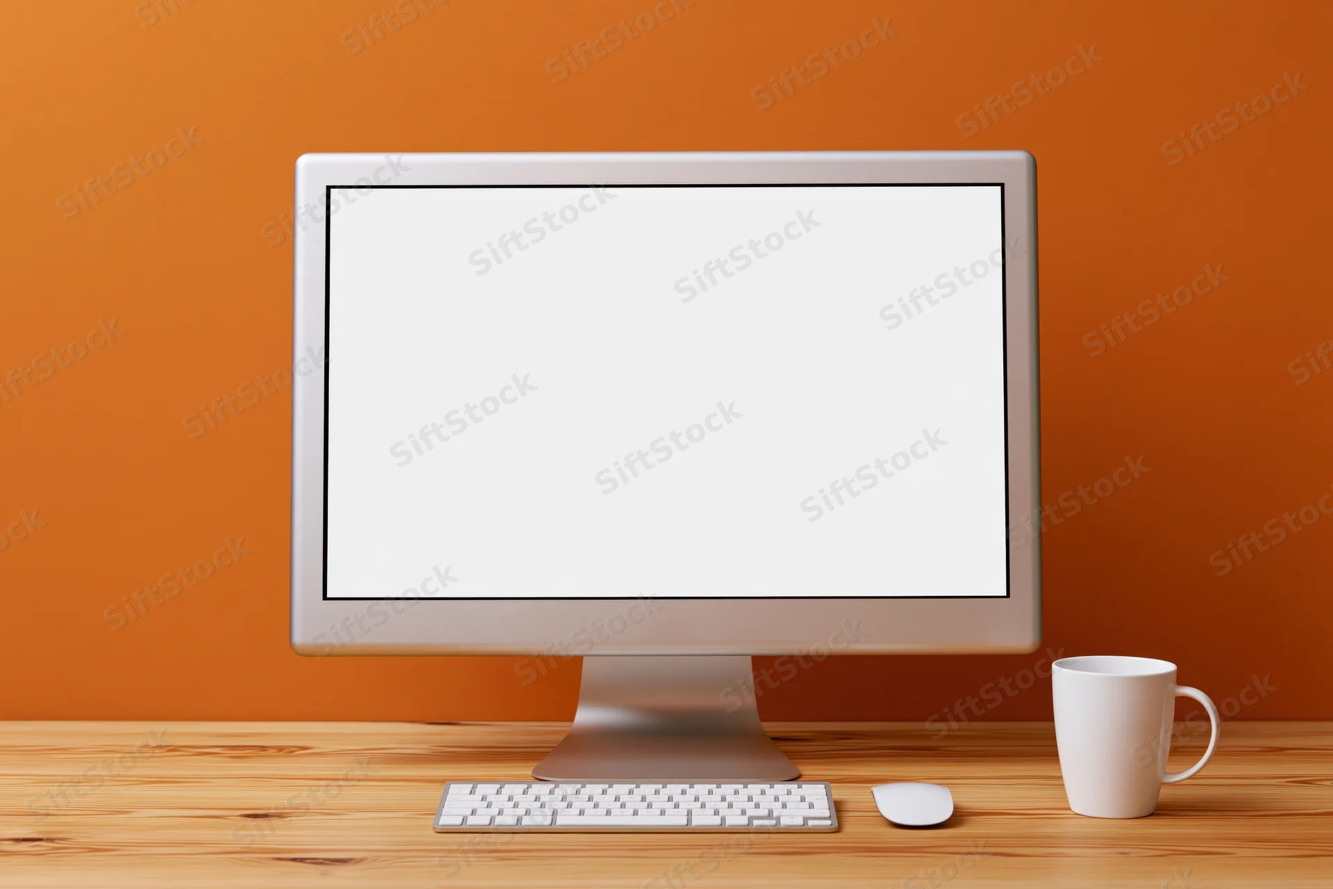 All-in-one desktop computer with blank white screen on wooden desk beside mug