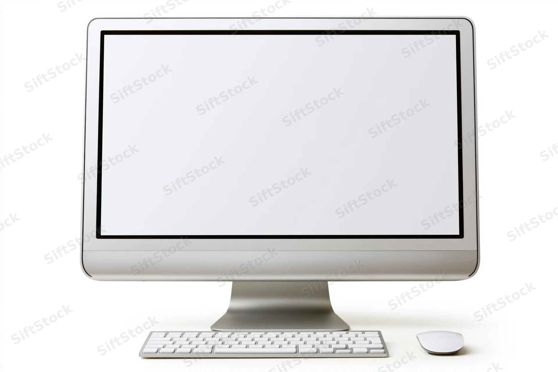 All-in-one desktop computer with blank white screen, silver keyboard and mouse on white background