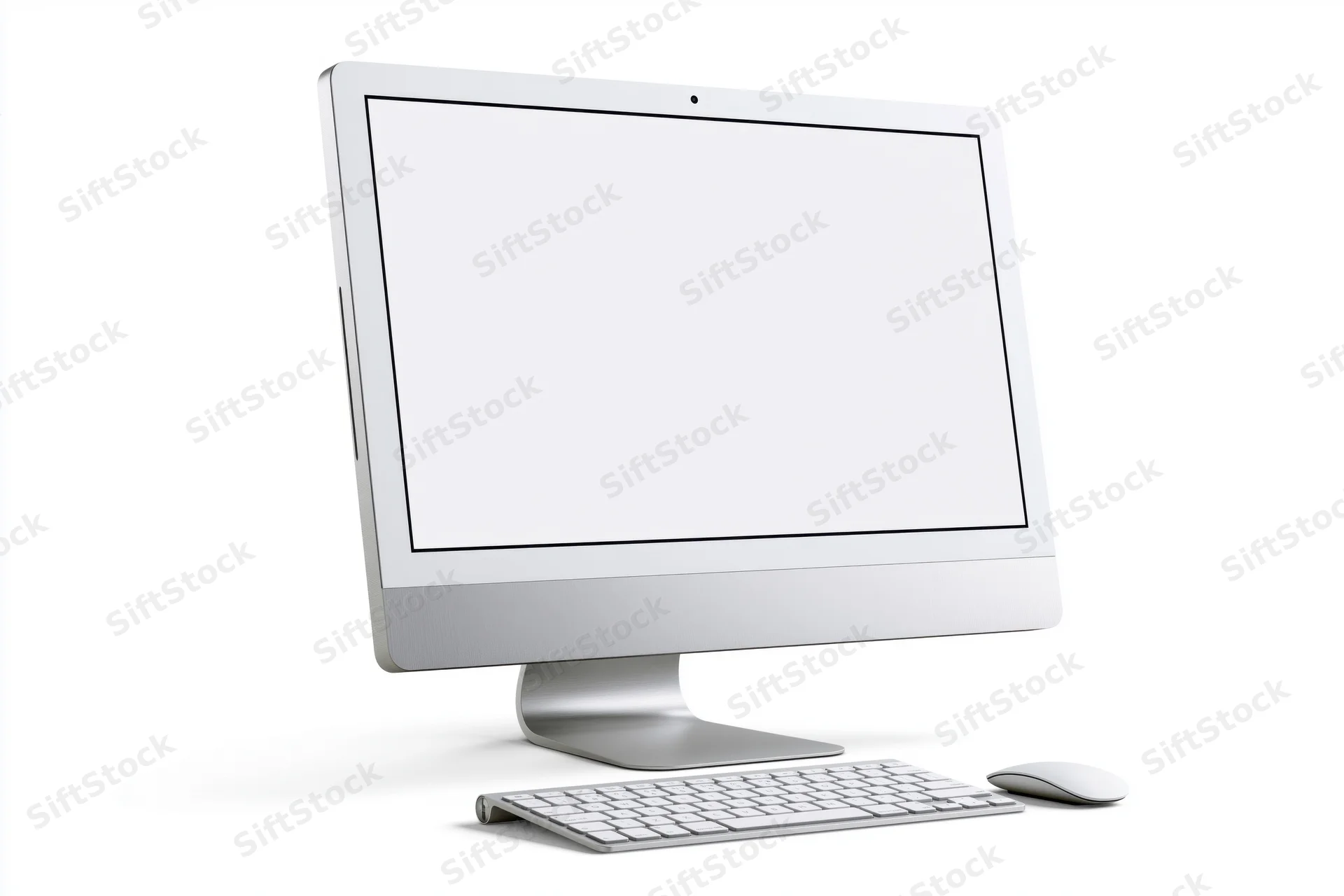 All-in-one desktop computer with blank white screen and wireless keyboard and mouse on white background