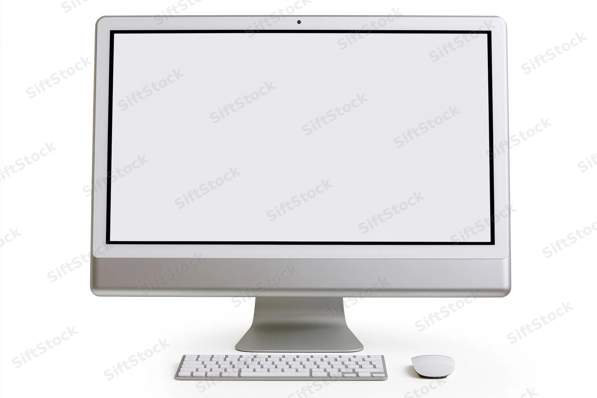 All-in-one desktop computer with blank white screen and peripherals on white background