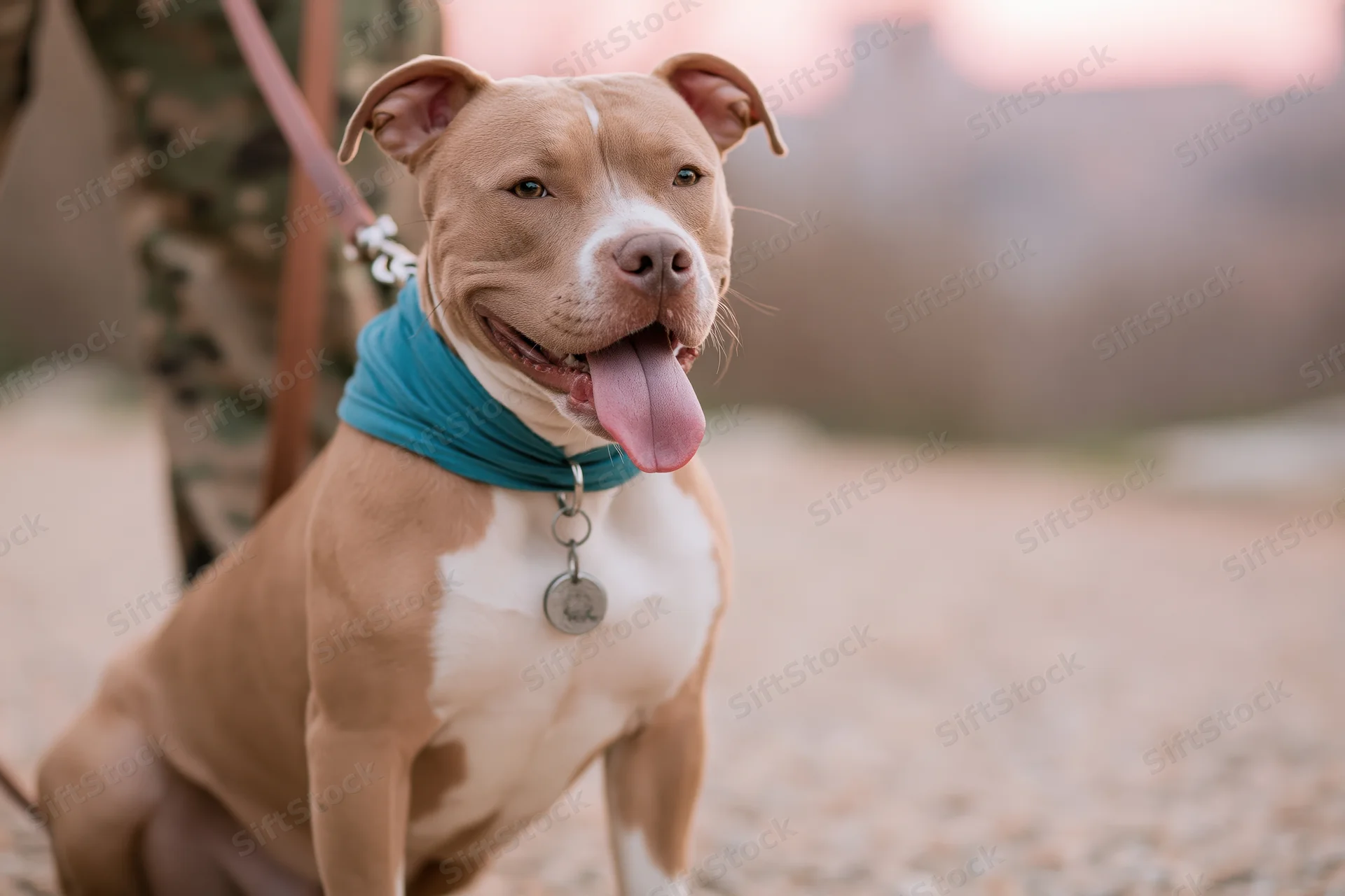 Americanstaffordshireterrier sitting on gravel path with tongue out, wearing blue bandana and metal tag, beside person in camouflage uniform