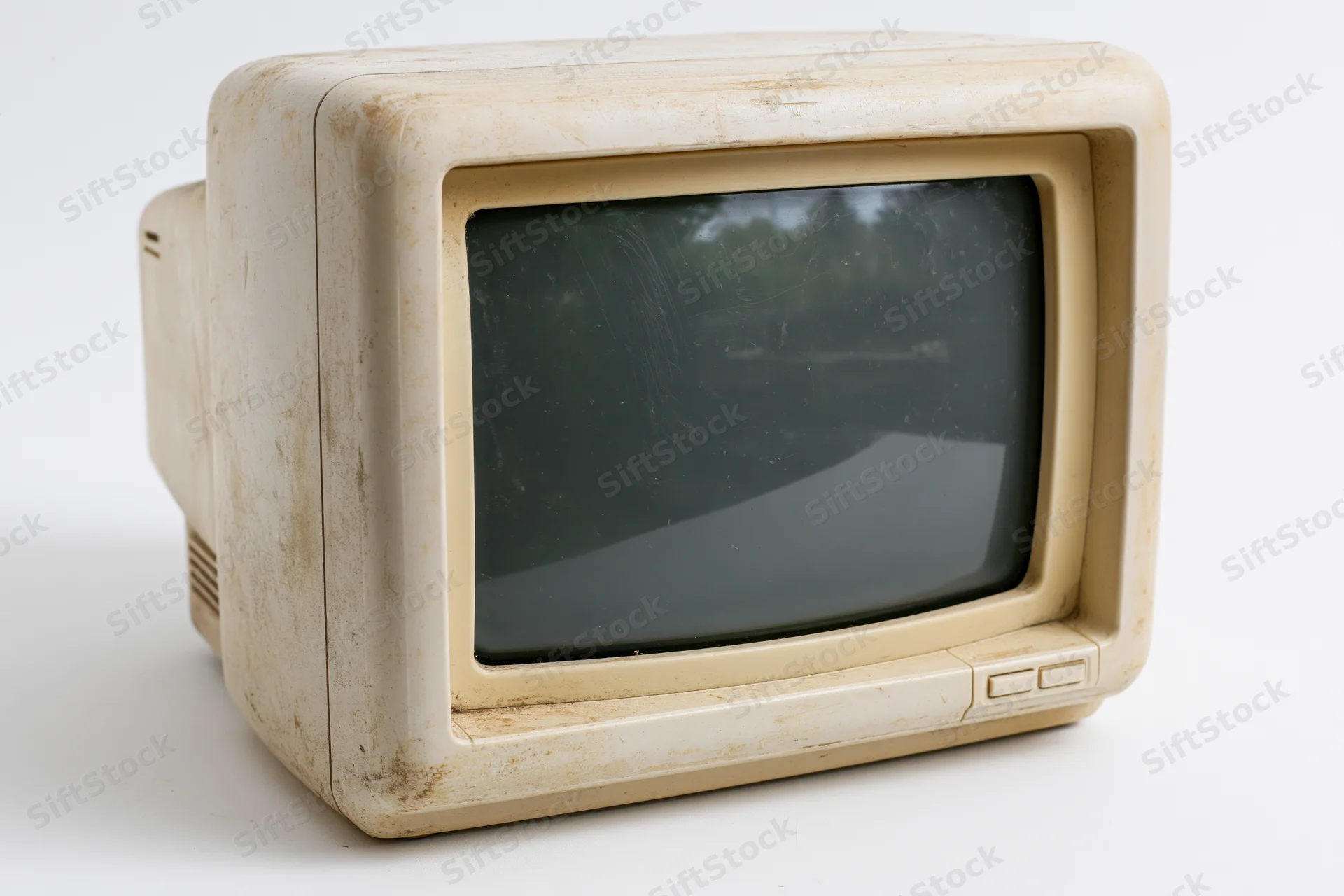 Vintage beige crt computer monitor with dusted screen and worn plastic casing on white background