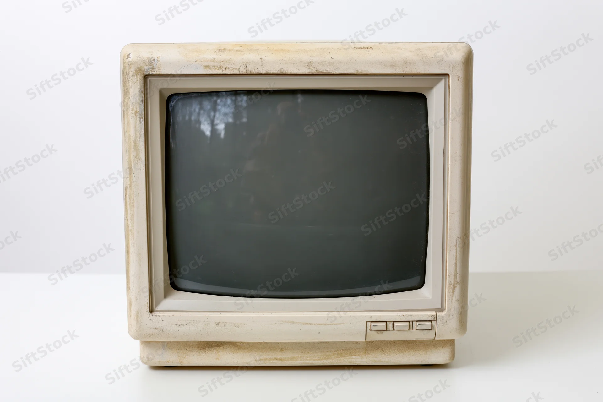 Old beige crt computer monitor with dark screen on white surface
