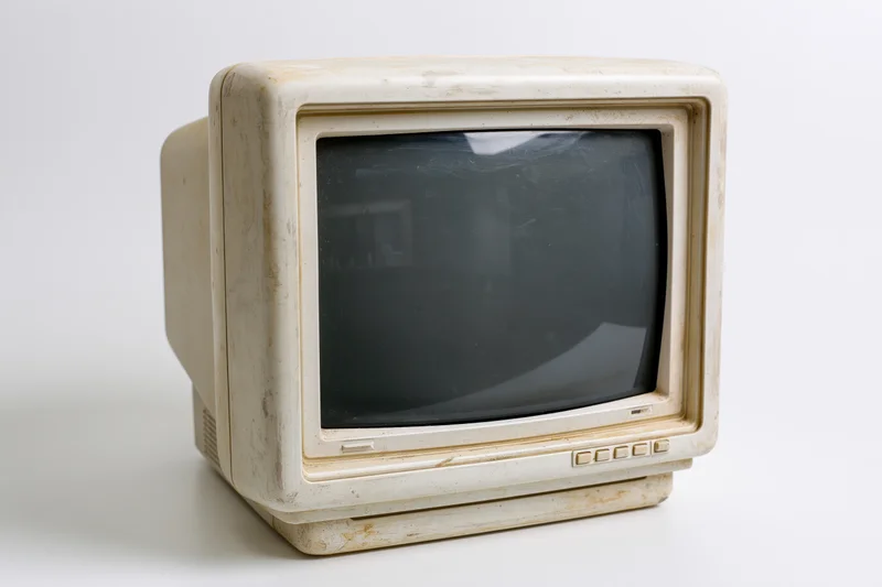 Vintage beige crt computer monitor with dusty screen and control buttons on white background