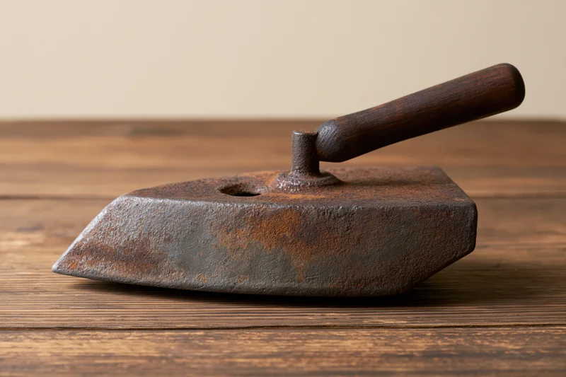 Vintage cast iron clothes iron resting at an angle on a weathered wooden table
