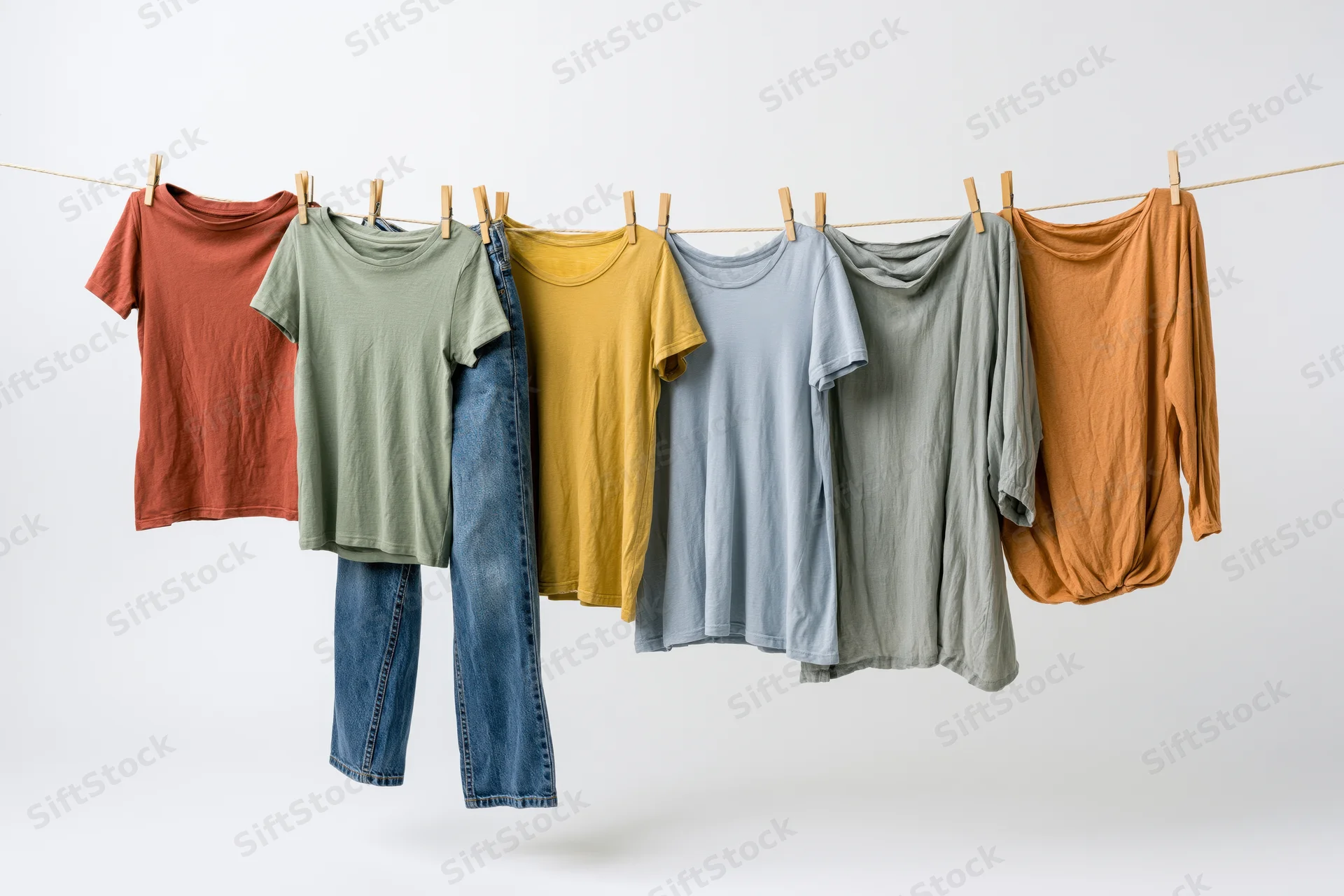 Assorted casual clothes hanging on a clothesline against a white background