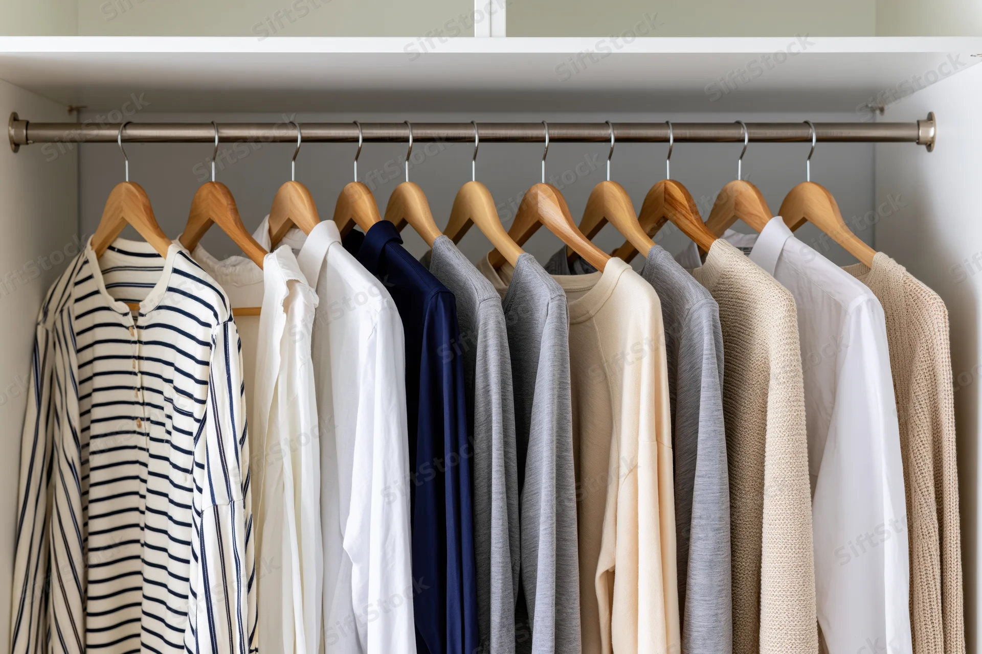 Casual shirts and tops hanging on wooden hangers in a closet
