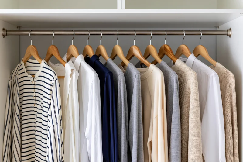 Casual shirts and tops hanging on wooden hangers in a closet