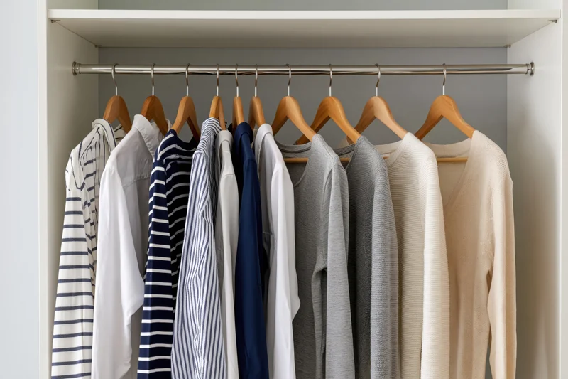 Assorted casual shirts and tops hanging on wooden hangers in a white closet