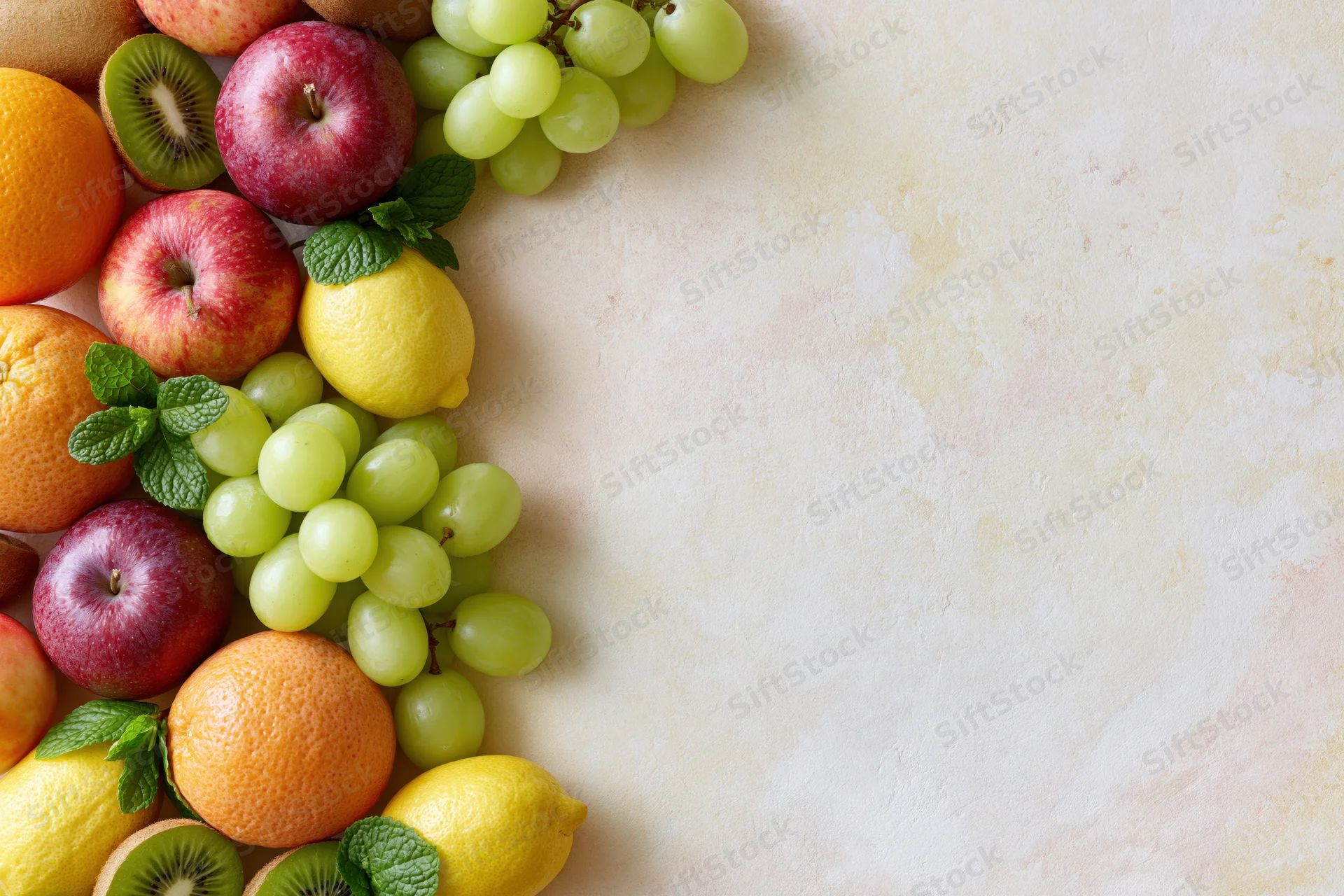 Assorted fresh fruits arranged in corner on light textured surface with copyspace