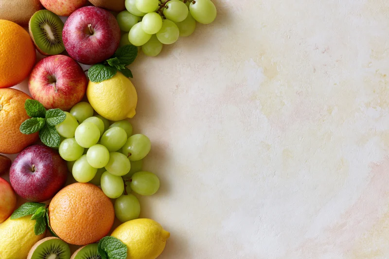 Assorted fresh fruits arranged in corner on light textured surface with copyspace
